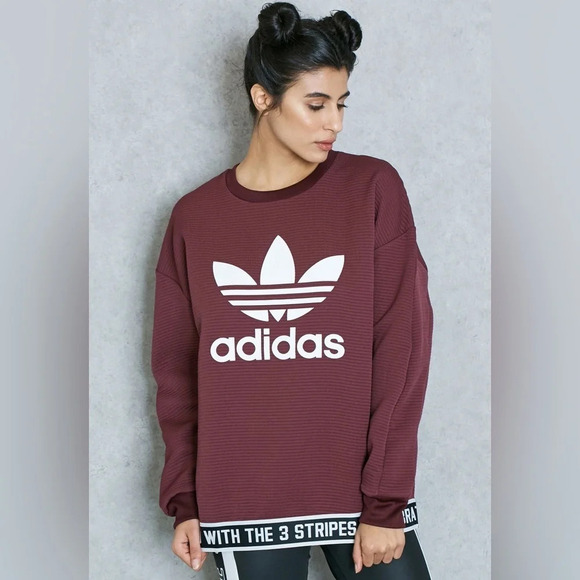 Adidas Maroon White Trefoil 3 Stripes Banded Sweatshirt Top Women's Size Small - Picture 9 of 12